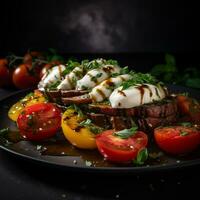 Italian caprese salad with sliced tomatoes, mozzarella cheese, basil, olive oil. Fried meat steak on slate. Menu food macro photo. photo