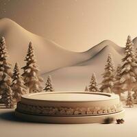 Christmas podium for branding and packaging presentation. Product display with gift boxes, christmas tree and snow. Christmas showcase. Cosmetic and fashion. 3d illustration. 3d render photo