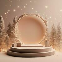 Christmas podium for branding and packaging presentation. Product display with gift boxes, christmas tree and snow. Christmas showcase. Cosmetic and fashion. 3d illustration. 3d render photo