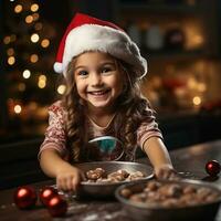 Happy little girl bake Christmas cookies on cozy kitchen at home, Christmas decorations on background photo