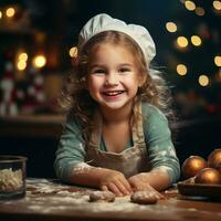 contento pequeño niña hornear Navidad galletas en acogedor cocina a hogar, Navidad decoraciones en antecedentes foto