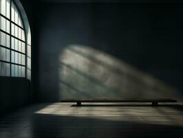 Empty dark abstract wall with a light, window, bench and gradient studio room interior texture for display products wall background photo