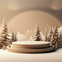 Christmas podium for branding and packaging presentation. Product display with gift boxes, christmas tree and snow. Christmas showcase. Cosmetic and fashion. 3d illustration. 3d render photo