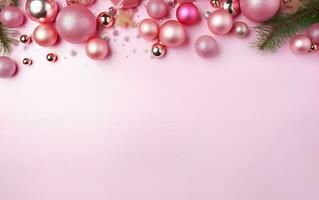 Doll style fresh Christmas pink background with shiny bulbs and pine tree branches at the top. AI Generative photo