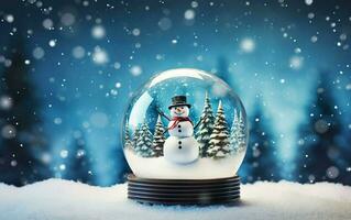 Snowman in a snow globe. Image with copy space and snowy bokeh. AI Generative photo