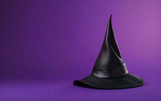 sencillo negro de bruja sombrero con un cinturón en un púrpura antecedentes. ai generativo foto