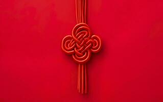 Chinese style symmetrical ornament, a red knot isolated on red background. Symbol of good luck. AI Generative photo