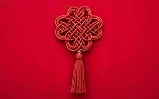 Asian symmetrical ornament, a red knot with brush fringe isolated on red background. Symbol of good luck. AI Generative photo