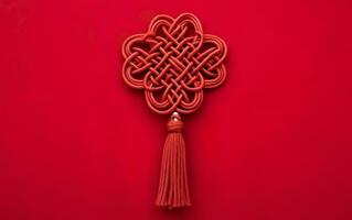 Asian symmetrical ornament, a red knot with brush fringe isolated on red background. Symbol of good luck. AI Generative photo