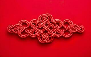 Chinese tangled ornament, a red knot isolated on red background. AI Generative photo