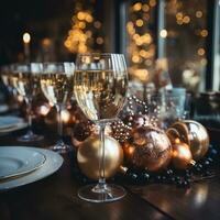 cena mesa lleno de platos con champán, Navidad y nuevo año. generativo ai foto