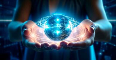 Abstract bright sphere of the world in hands, concept of the future - AI generated image photo