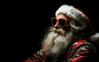 frio Papa Noel cláusula en un tablista estilo camisa vistiendo Gafas de sol en negro antecedentes. ai generativo foto