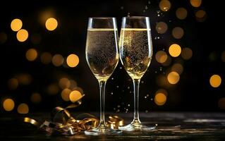 Two glasses of champagne with golden confetti and warm gold bokeh at the background, New Years Eve party poster. AI Generative photo