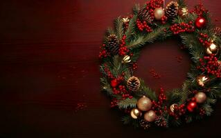 Merry Christmas decorated wreath on a maroon background, copy space at the left. AI Generative photo