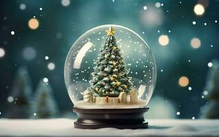 Christmas tree in a snow globe in the center standing on the snow surrounded by blurred Christmas trees and bokeh. Image with copy space, de focus. AI Generative photo