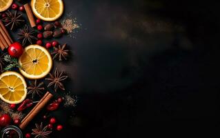 Dried mulled wine spices on a black background, top view, copy space at the right. Merry Christmas banner. AI Generative photo