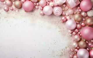 Vanilla beige and pink new year background with glitter dust, pearls and bubbles. AI Generative photo