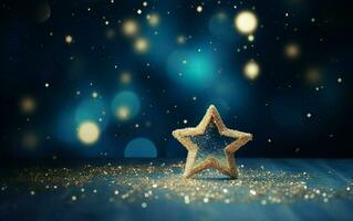 Make a wish star with golden glitter background. Night light, bokeh, de focus. Copy space at the left. AI Generative photo