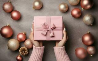 Cosy Christmas composition with woman's hands holding a pink gift on a toned warm blanket surrounded by elegant shimmery tree bulbs. Overhead composition. AI Generative photo