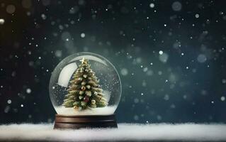 Christmas tree in a snow globe standing on the snow in snowfall with bokeh. Image with copy space at the right, de focus. AI Generative photo