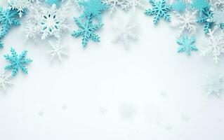 Christmas white background top view with blue and white plastic snowflakes. Copy space for your text at the bottom. AI Generative photo