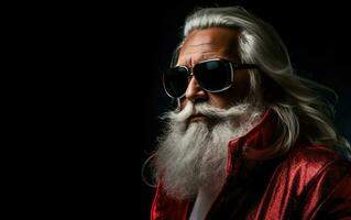 Cool meme Santa clause wearing sunglasses on black background, copy space at the left. AI Generative photo