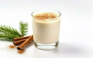 Old fashioned glass of homemade eggnog with cinnamon and Christmas tree twigs isolated on a white background. AI Generative photo