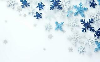 Christmas white background with blue and white plastic snowflakes. AI Generative photo