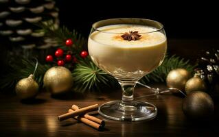 Homemade eggnog in a coupe glass on a wooden table surrounded by Christmas decorations. AI Generative photo