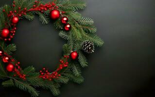 Merry Christmas wreath on a dark background, copy space at the right. AI Generative photo