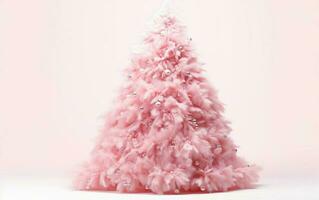 Pink doll style fluffy Christmas tree decorated with silver bubbles isolated on a light pink background. AI Generative photo