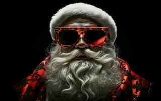 Meme Santa clause surfer wearing sunglasses on black background. AI Generative photo