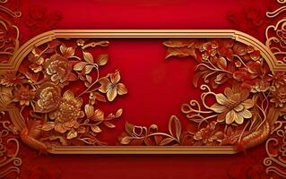 Happy Chinese New Year poster. Golden pattern isolated on red cloth. Traditional textile background. Asian beautiful floral texture. AI Generative photo