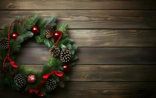 Merry Christmas decorated wreath on a wooden background, copy space at the right. AI Generative photo