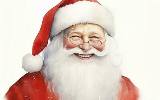 Close up happy Santa wearing glasses portrait illustration isolated on white background, watercolour style effect. AI Generative photo