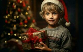 un rubio chico en un gris suéter y de santa sombrero participación un Navidad regalo con un decorado pino árbol en el antecedentes. ai generativo foto