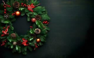 Merry Christmas decorated wreath on a dark background, copy space at the right. AI Generative photo