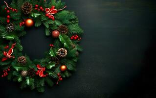 Merry Christmas decorated wreath on a dark background, copy space at the right. AI Generative photo