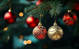 clásico acogedor Navidad árbol ramas con dos adornos en atención y otro borroso. ai generativo foto