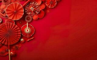 Spring Festival Poster. Banner template with hanging lanterns. Chinese New Year decorations on bright red background, copy space, flatlay, top view. AI Generative photo