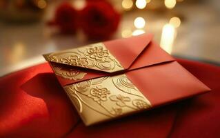 Chinese New Year gift. Photorealistic red and gold envelope, hong bao, close up. AI Generative photo