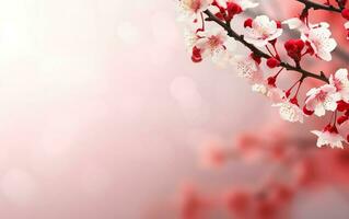 Spring poster. Pink Sakura cherry blossom on white background. de focus, copy space. AI Generative photo