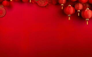 primavera festival póster. bandera modelo con colgando linternas chino nuevo año decoraciones en brillante rojo fondo, Copiar espacio, plano, parte superior vista. ai generativo foto