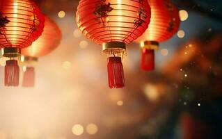 Chinese new year poster, photorealistic red lanterns, copy space, bokeh, de focus. AI Generative photo