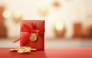 Chinese New Year gift. Photorealistic wrapped red box with golden coins on blurred background, de focus. AI Generative photo