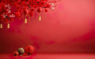 Spring Festival Stage Poster. Chinese New Year decorations on bright red background, copy space. Hanging lanterns, sakura. AI Generative photo