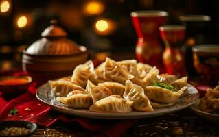 Happy Chinese New Year party photo. Photorealistic dumplings on the table, close up, de focus. AI Generative photo