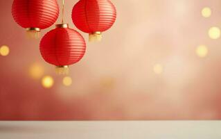 Chinese new year poster, photorealistic red lanterns, copy space, bokeh, de focus. AI Generative photo