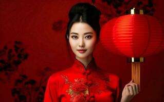 Happy Spring Festival Poster. Chinese New Year banner template. Pretty Asian woman in traditional red clothes holding a red lantern on bright red background, copy space. AI Generative photo